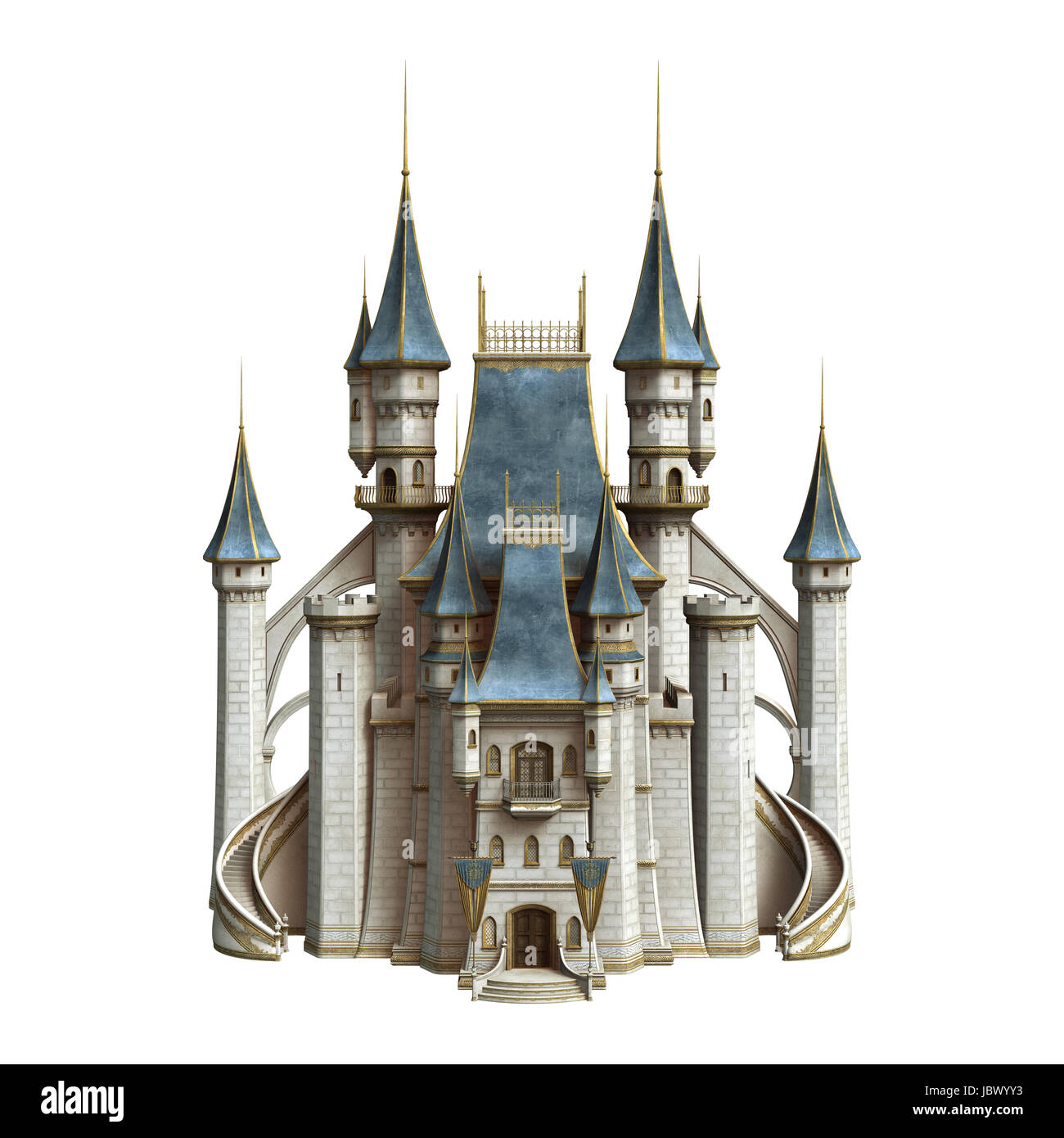 3D render digitale di un castello da favola isolati su sfondo bianco Foto Stock