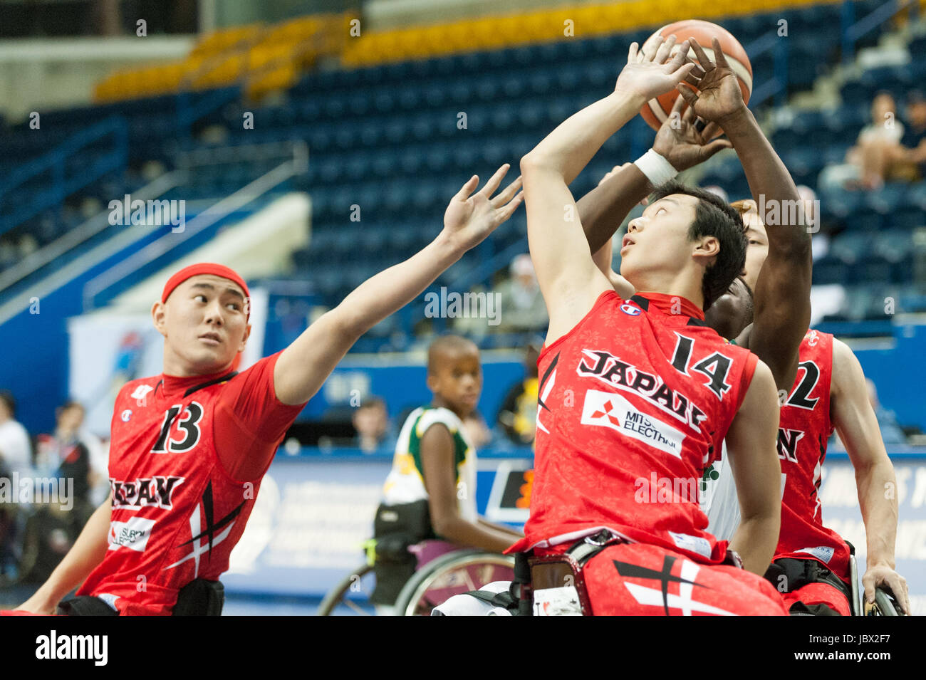 Sud Africa vs Giappone durante il 2017 uomini U23 mondo basket in carrozzella del campionato che prende il posto di Ryerson Mattamy del Centro Atletico, Toronto. (Foto: Anatoliy Cherkasov / Pacific Stampa) Foto Stock