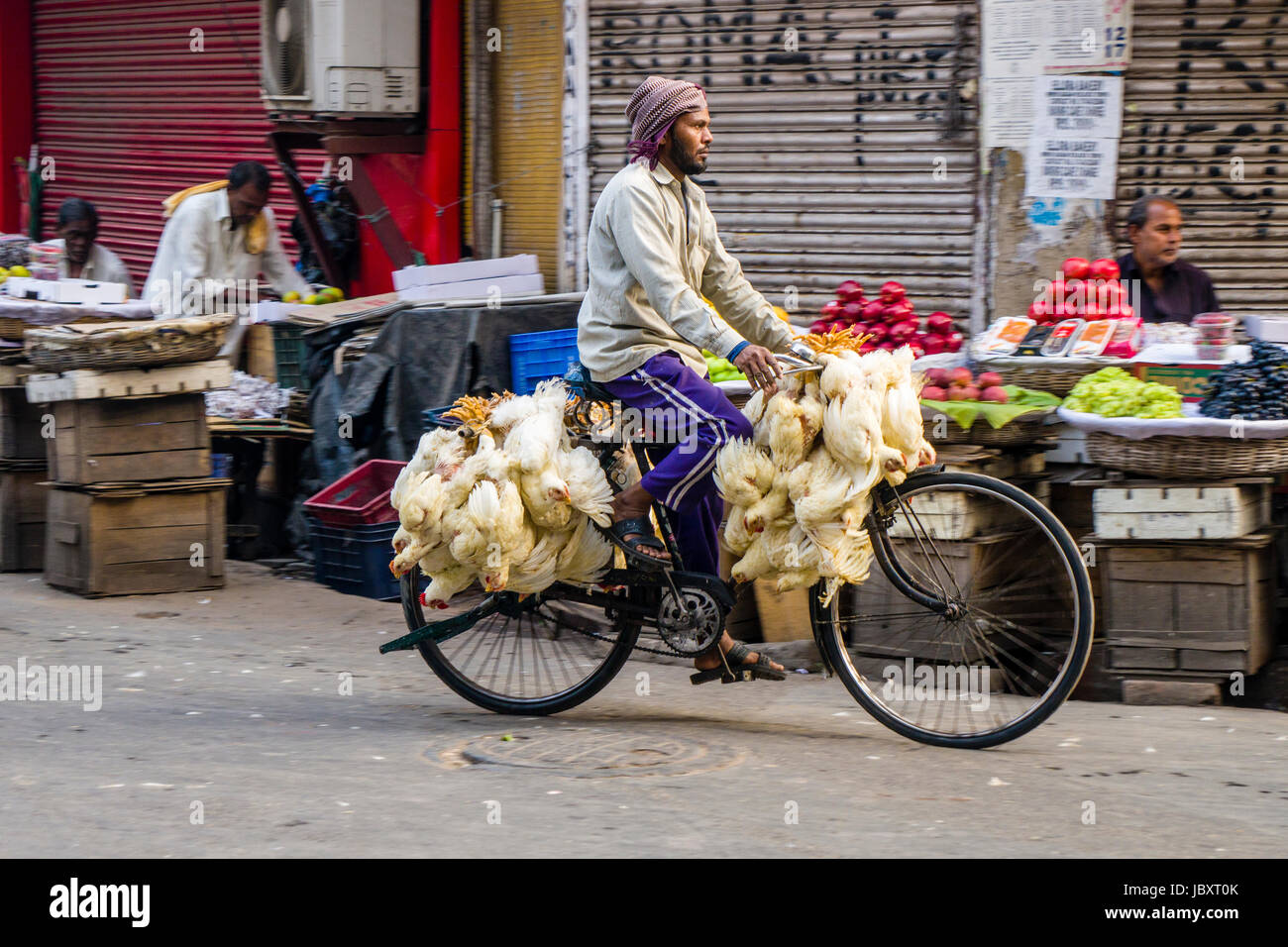 Pollo sono legati insieme e trasportato in bicicletta nel sobborgo nuovo mercato Foto Stock