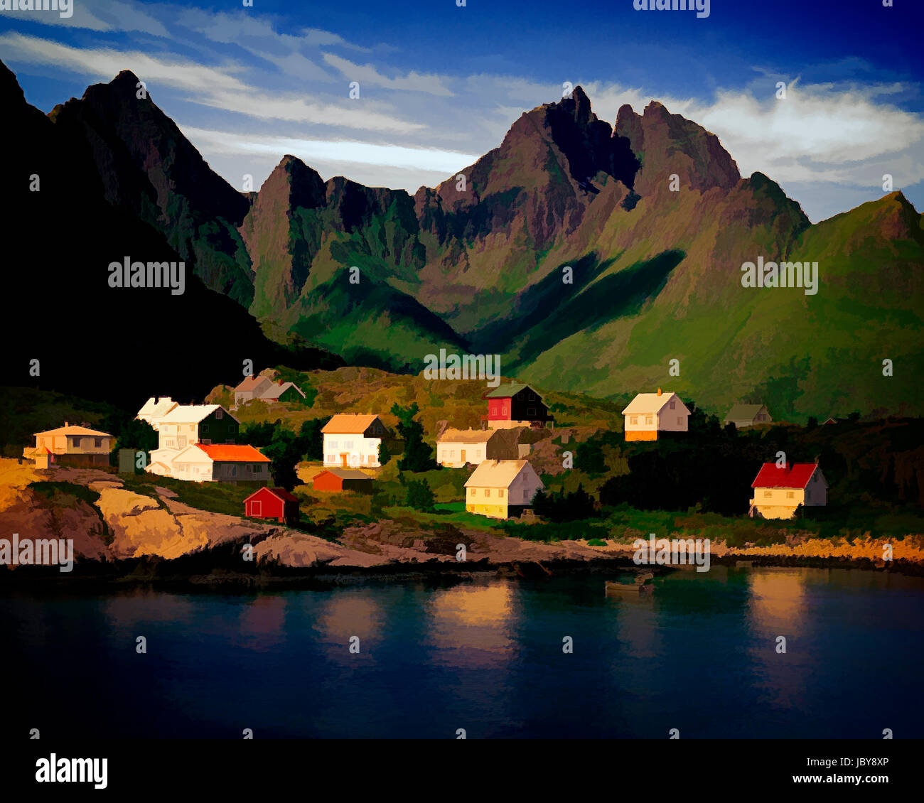 Arte digitale: Å e Gjerdtindan montagne, isole Lofoten in Norvegia Foto Stock