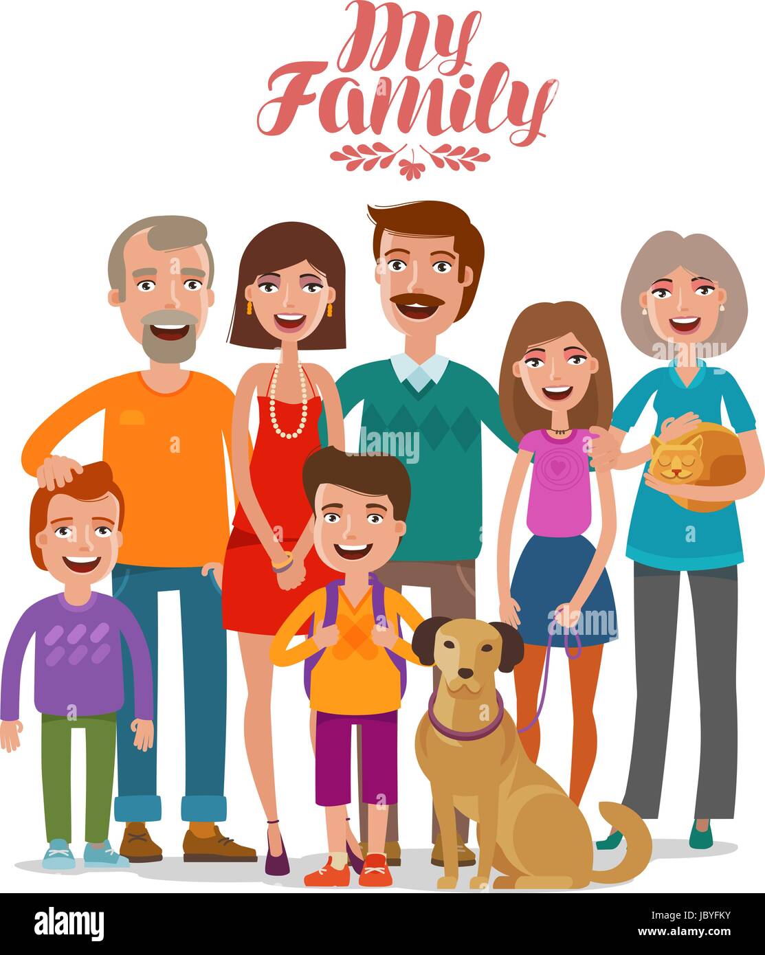 Ritratto di famiglia. Le persone felici e di genitori e bambini. Fumetto illustrazione vettoriale Illustrazione Vettoriale