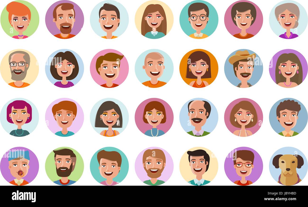 Persone set di icone. Profilo di Avatar, diverse facce, social network, chat simbolo. Cartoon illustrazione vettoriale stile piatto Illustrazione Vettoriale