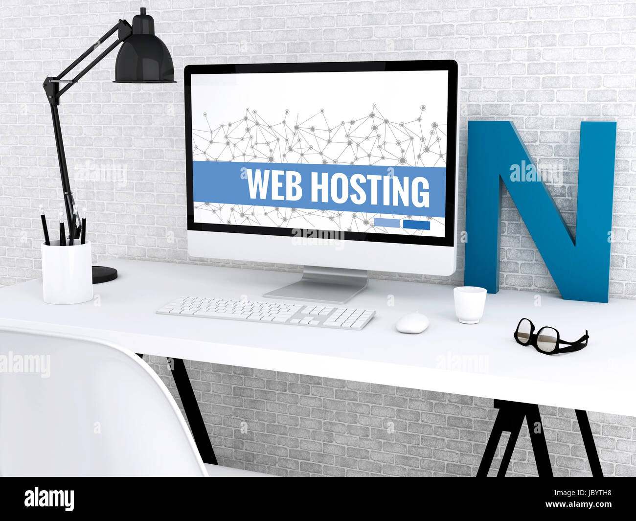 3D'illustrazione. Area di lavoro moderni e computer con parole di web hosting. La tecnologia e il concetto di rete. Foto Stock