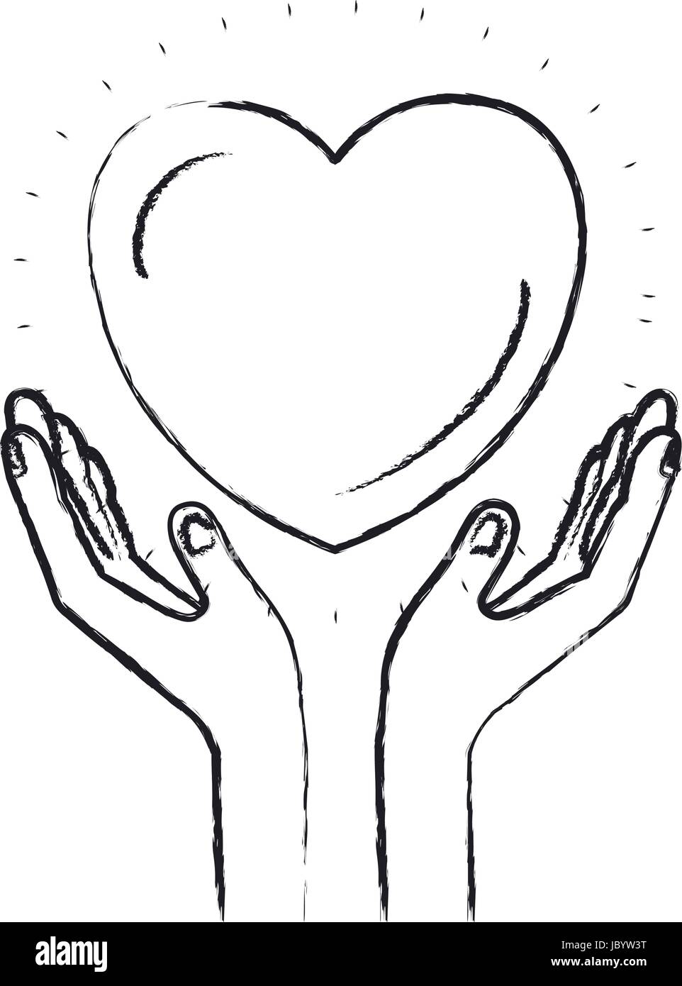Silhouette sfocate mani con galleggiante cuore simbolo della carità Illustrazione Vettoriale