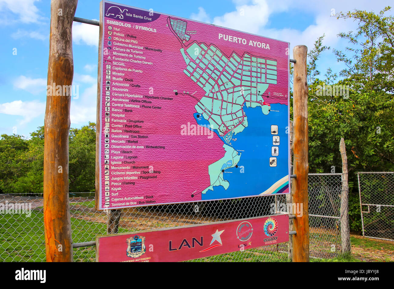 Mappa Turistica di Puerto Ayora sull isola di Santa Cruz, Ecuador. Puerto Ayora è la più popolosa città in Isole Galapagos Foto Stock