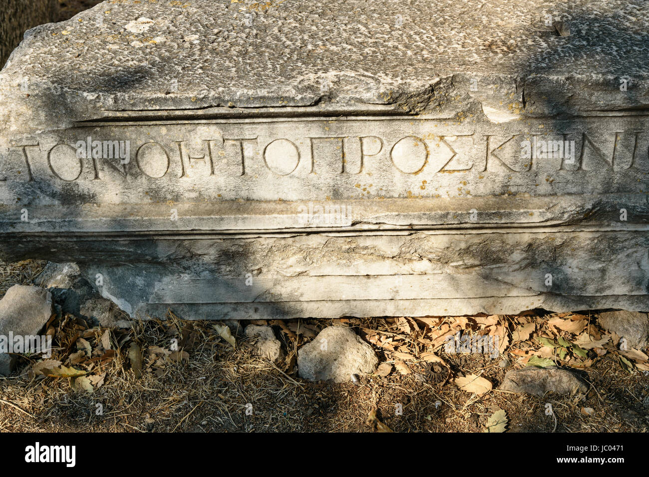 In pietra scolpita con script in antica città di Troia. Provincia di Canakkale. Turchia Foto Stock