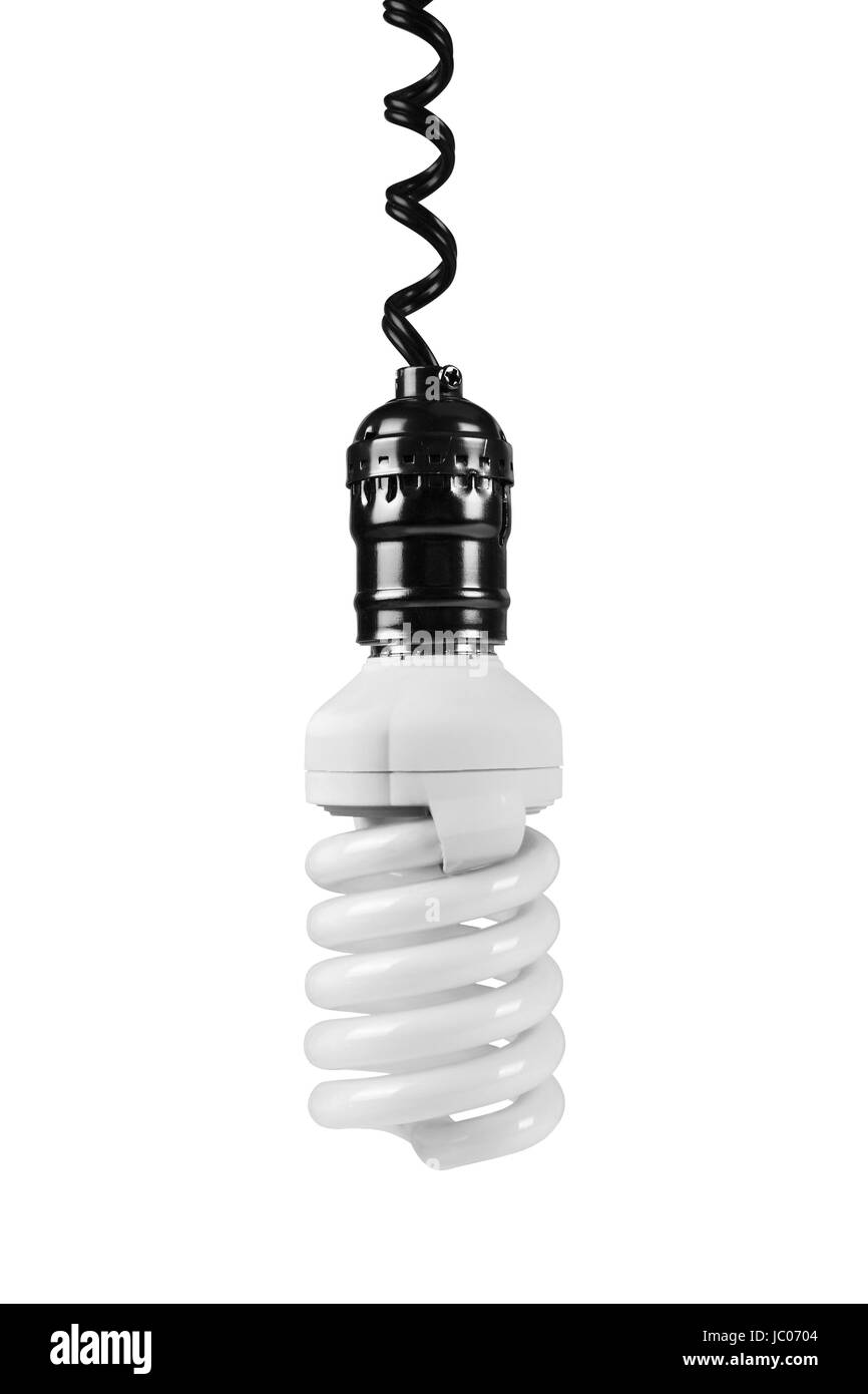 Risparmio energetico lampada pende verso il basso sulla parte superiore su uno sfondo bianco. Essa è isolata, il lavoratore di percorsi è presente. Foto Stock