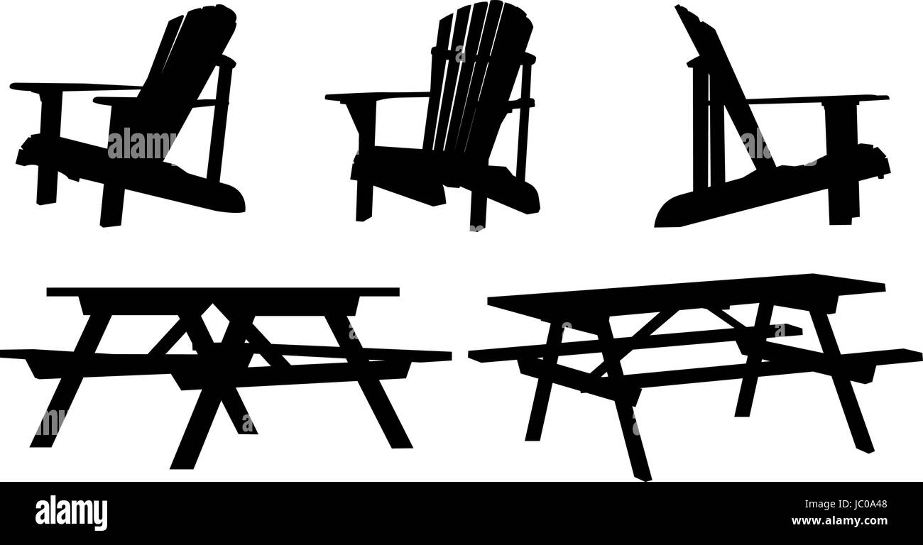 Silhouette set di picnic esterno tavoli e sedie. Illustrazione Vettoriale