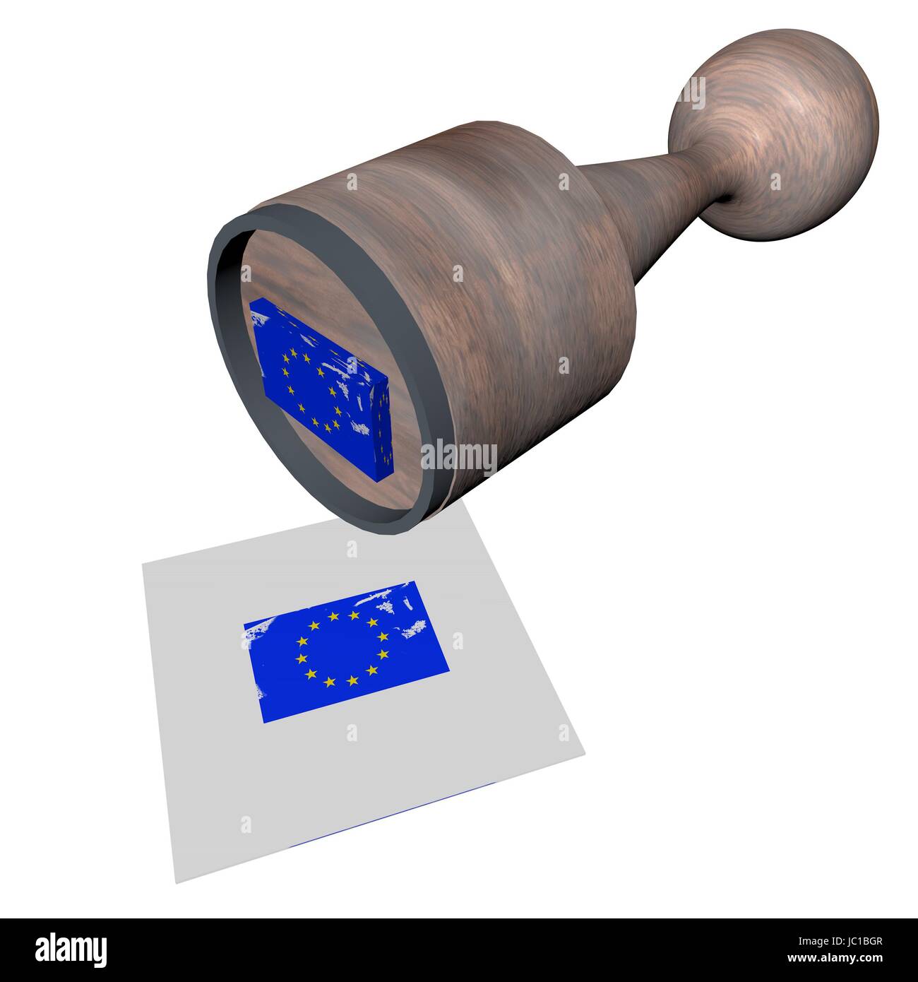 Francobollo di legno con la bandiera dell'Unione europea, 3D render Foto Stock