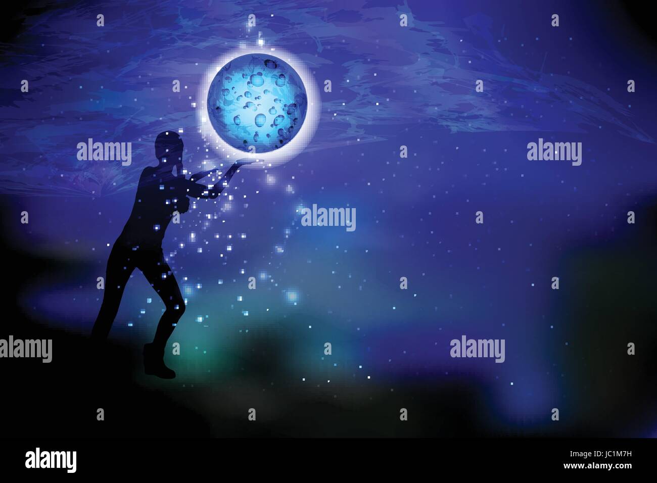 Concetto cosmo dentro di noi lo yoga. Titats e gli stati. Ragazza spazio silhouette tenere la luna nelle sue mani. Illustrazione, vettore per il tuo design Illustrazione Vettoriale