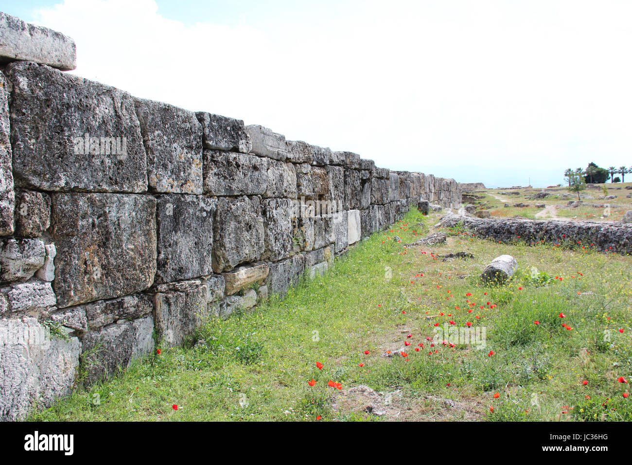 Le rovine della città antica di Hierapolis. Provincia di Denizli, Turchia. Antico muro e blocchi di pietra. Foto Stock