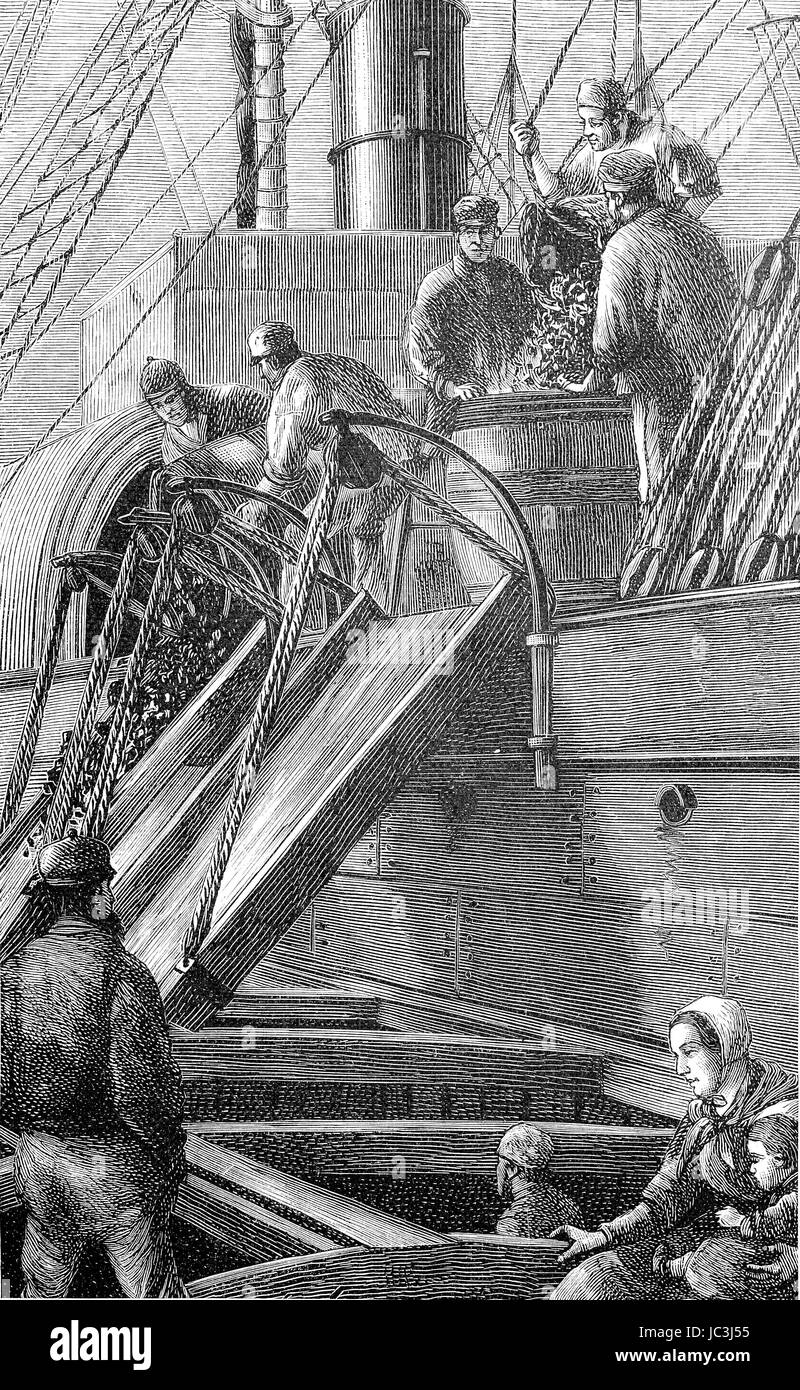 Il trasporto del carbone, lo svuotamento dei carrelli di carbone nella massa, digitale riproduzione migliorata da una pubblicazione dell'anno 1880 Foto Stock