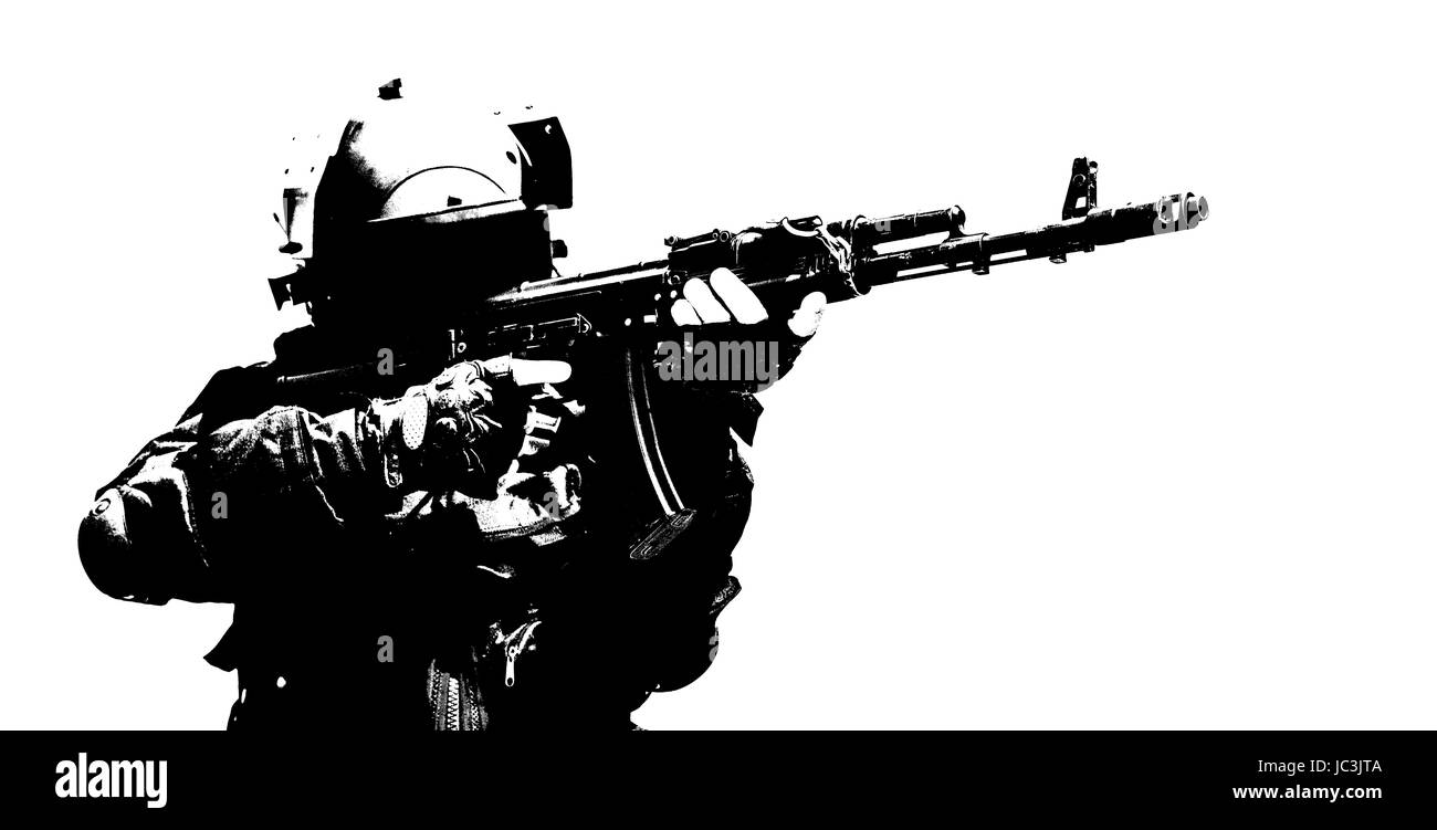 Disco immagine luminosa di spec ops soldato in maschera facciale con il suo fucile Foto Stock