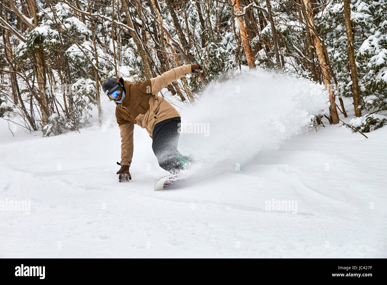 Uno snowboarder riducendo in polvere a inbounds Sugarbush, VT. Foto Stock