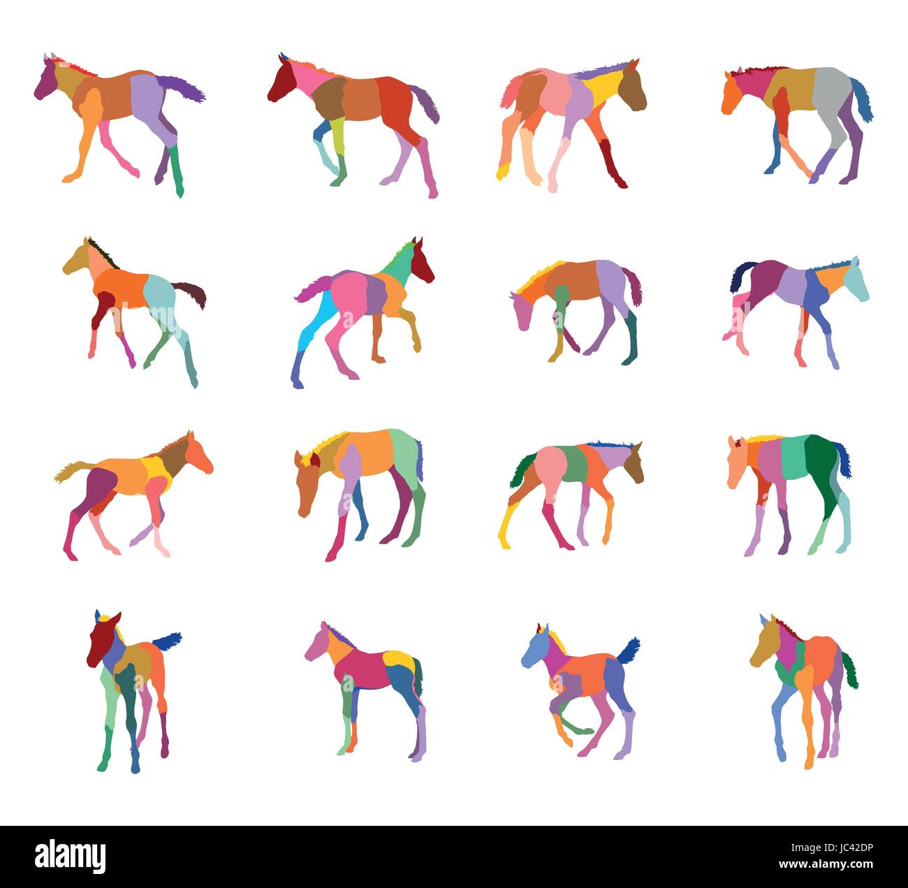 Set di vettore di mosaico colorato in piedi, trotto, al galoppo puledri sagome isolati su sfondo bianco Illustrazione Vettoriale