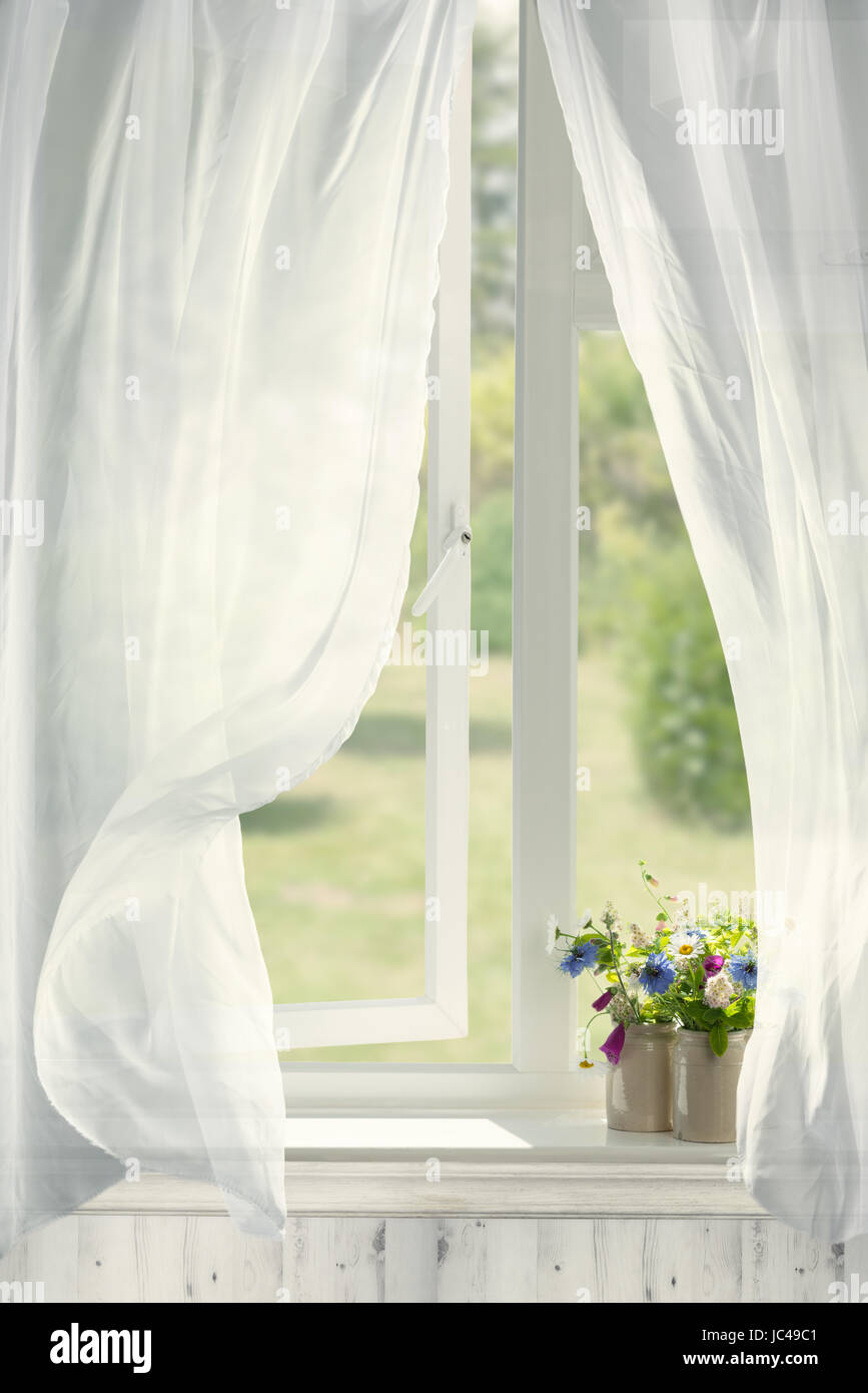 Vasi di fiori in cottage di campagna finestra con ondeggianti tende Foto Stock