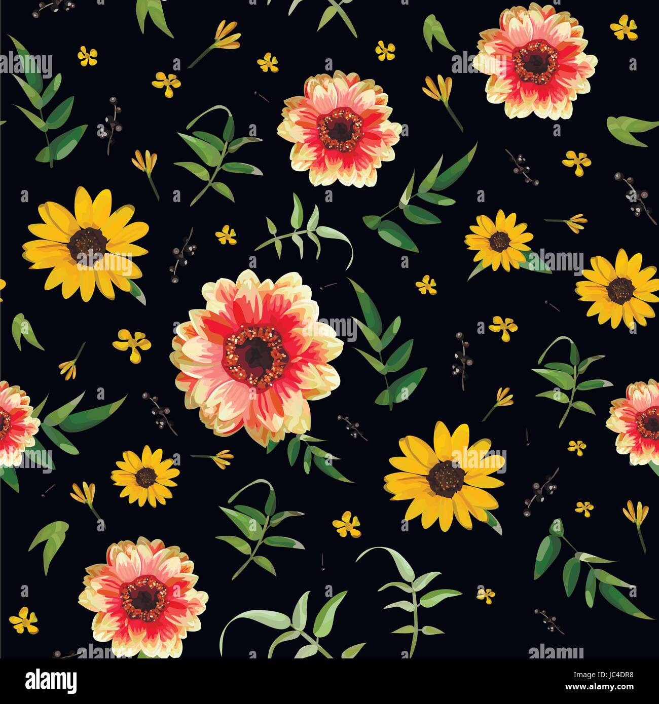 Vintage arancio floreale Fiore Dahlia giallo girasole piccolo splendido brillante contrasto fiori foglie verdi seamless wallpaper design floreale illustrazione Illustrazione Vettoriale