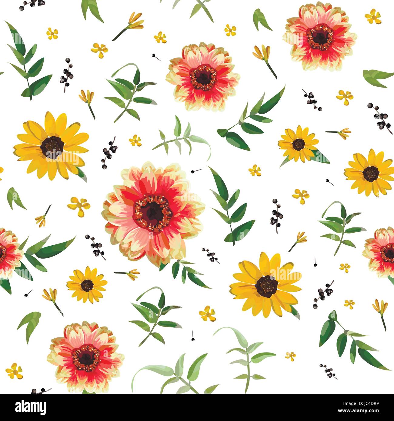 Vintage dalia arancio giallo girasole piccolo bellissimi fiori morbide foglie verdi di sfondo carta da parati senza giunture botanico design floreale acquerello illus Illustrazione Vettoriale
