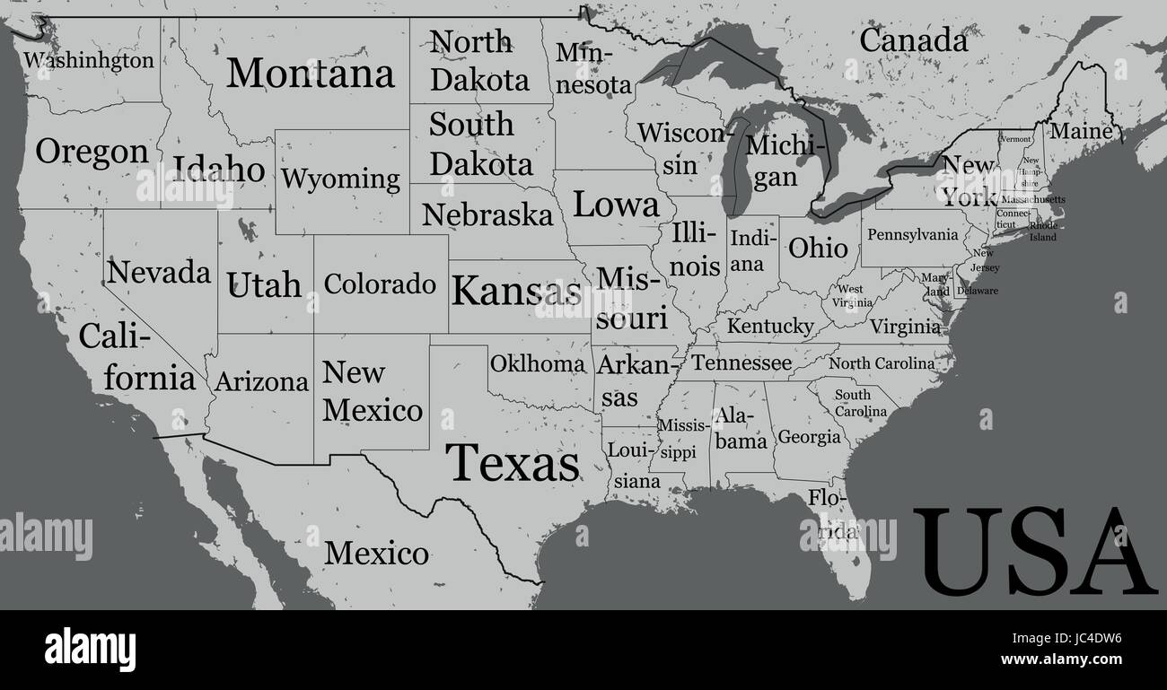 USA mappa con i confini di stato e i nomi. Vuoto contorno nero isolato su bianco. Vector dettagliata illustrazione monocromatica. Illustrazione Vettoriale