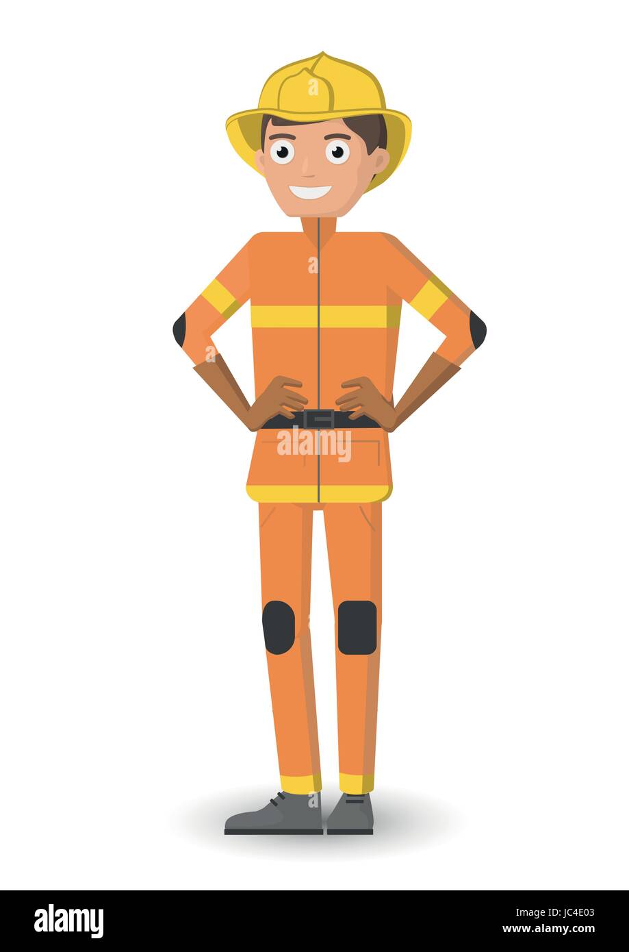 Uomo in uniforme di un vigile del fuoco. Il sorridenti vigili del fuoco forma arancione con casco d'oro. Professione singola persona lavoratore in cartoon design piatto s Illustrazione Vettoriale