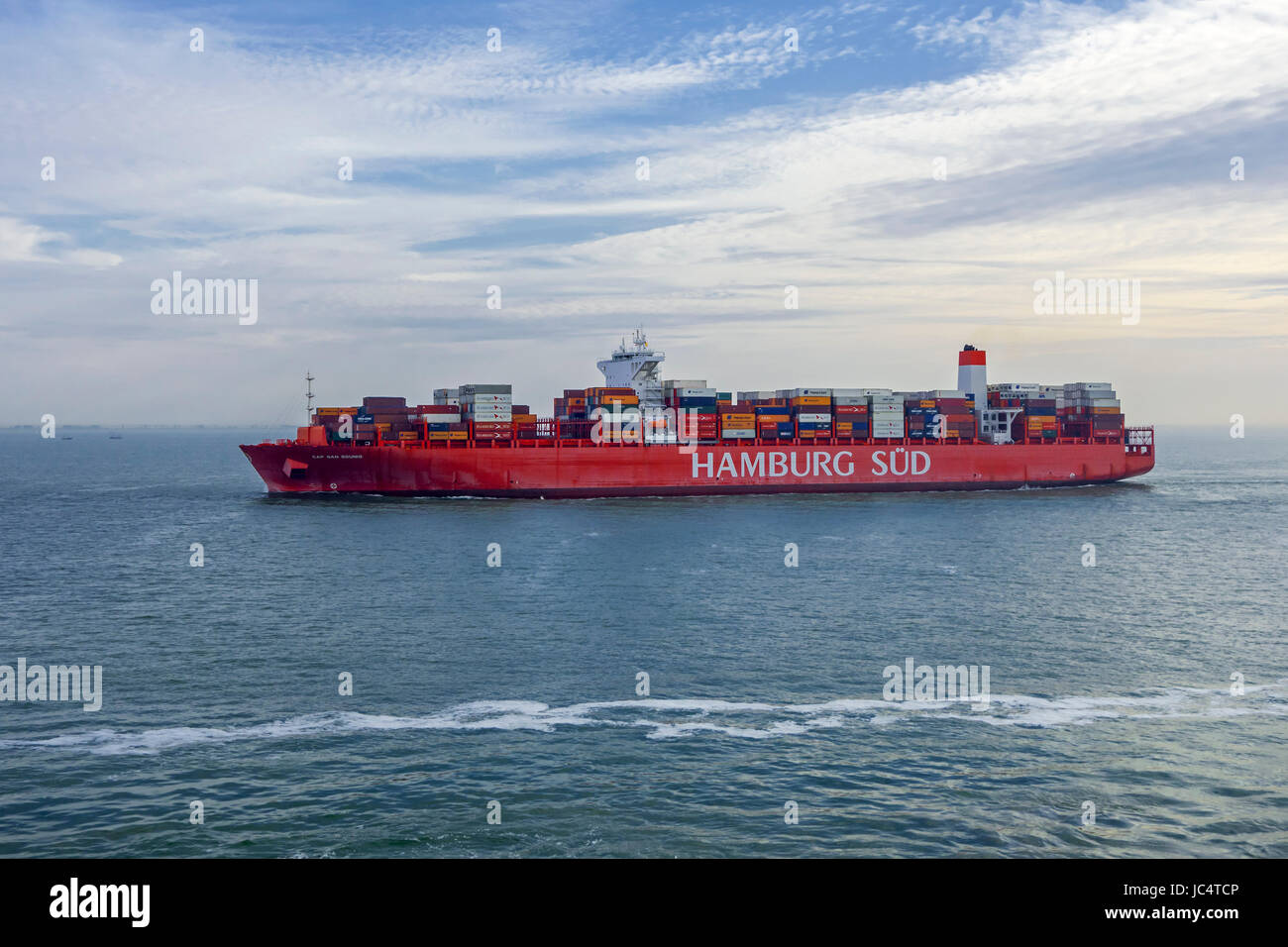 Contenitore tappo nave San Sounio del Tedesco Hamburg Süd linea marittima Foto Stock