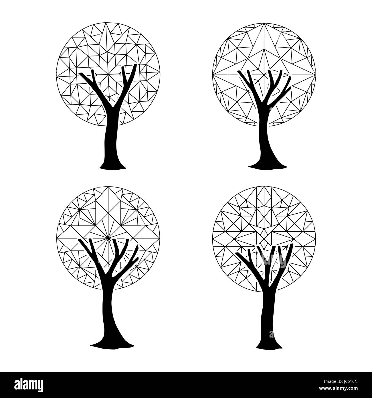 Insieme di alberi di astratto con forme geometriche, contorno di raccolta modello per il libro da colorare o la natura della decorazione. EPS10 vettore. Illustrazione Vettoriale