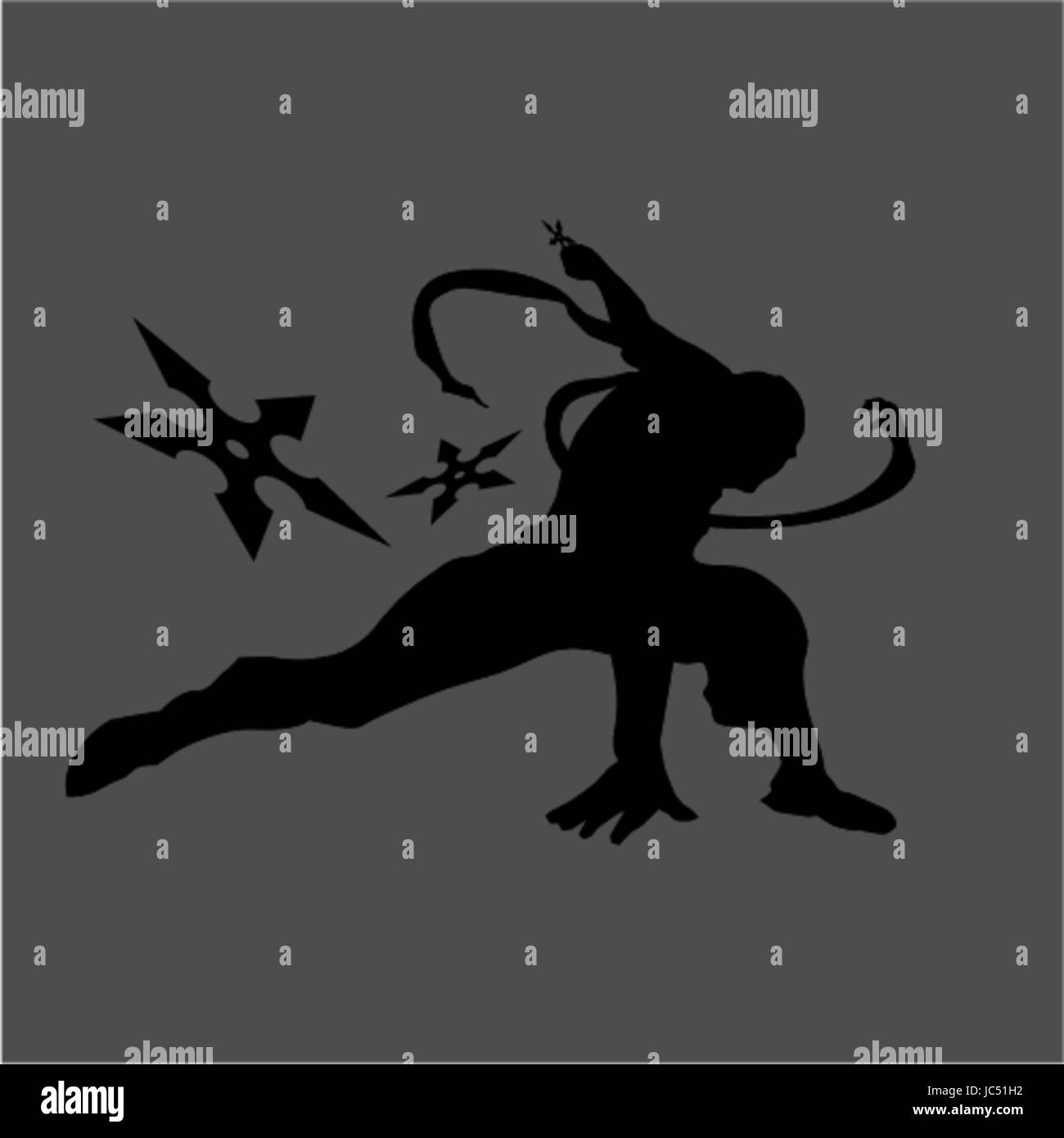 Il ninja samurai assassino ombra silhouette di Shinobi katana arma Spada tattoo pongono grigio nero giappone giapponese vecchio antica leggenda cacciatrice stile arte artwork Illustrazione Vettoriale