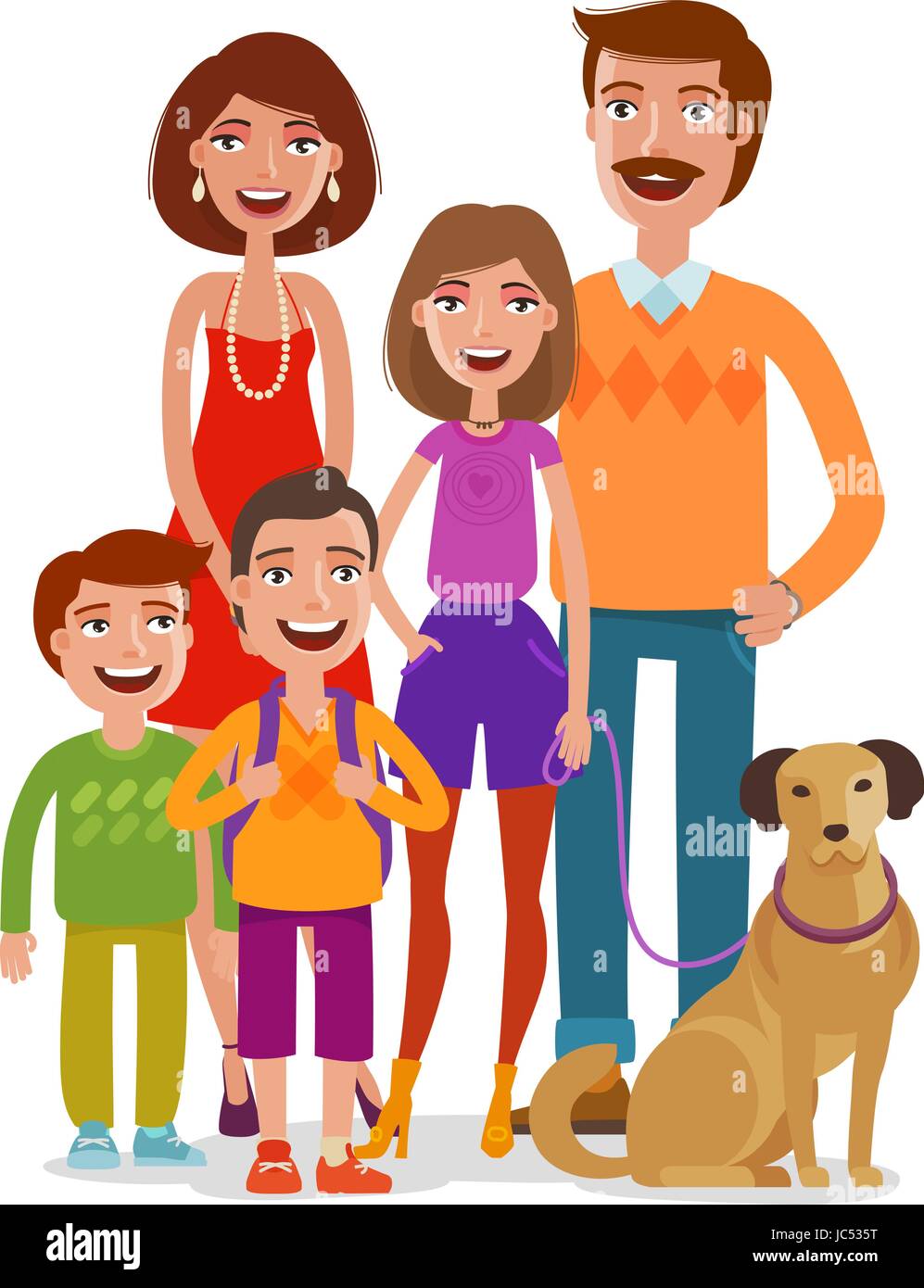 Ritratto di famiglia. Le persone felici, figli, genitori. Fumetto illustrazione vettoriale Illustrazione Vettoriale