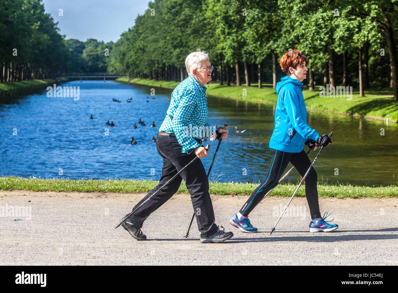 Invecchiamento attivo, due donne nordic walking nel parco, Kassel, Germania donne sano stile di vita Foto Stock