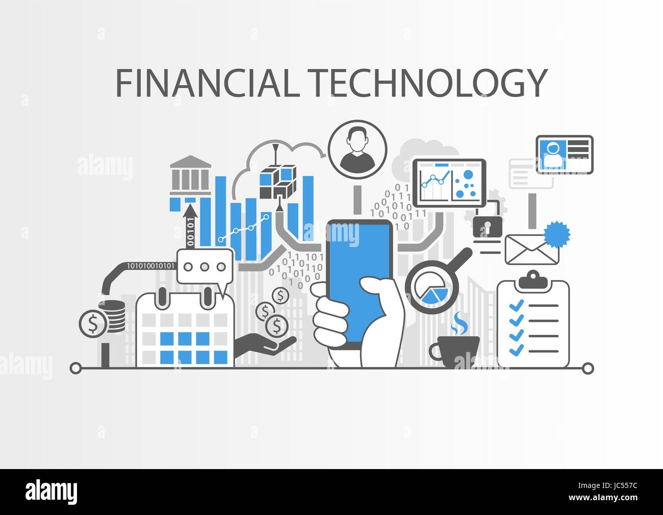 La tecnologia finanziaria / concetto Fin-Tech sfondo vettoriale con mano lo smartphone di contenimento Illustrazione Vettoriale