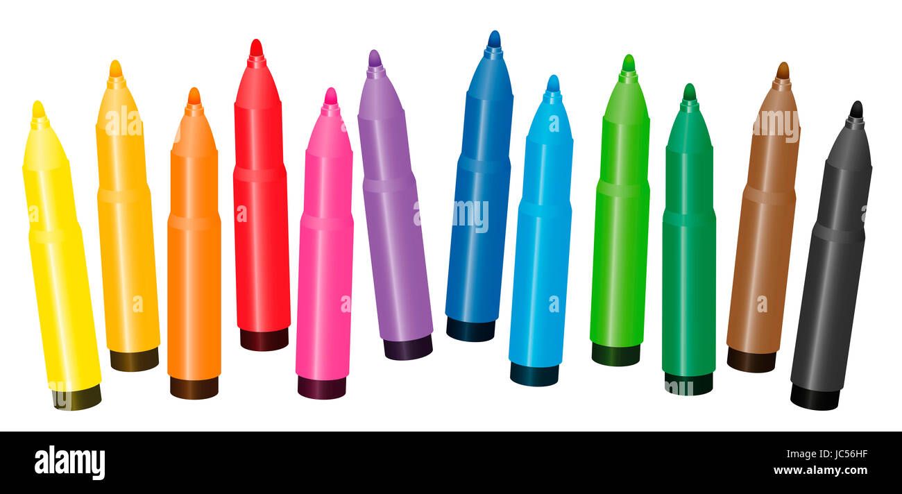 Penne a feltro set colorato per la verniciatura di libri da colorare - collocati in modo lasco - illustrazione su sfondo bianco. Foto Stock