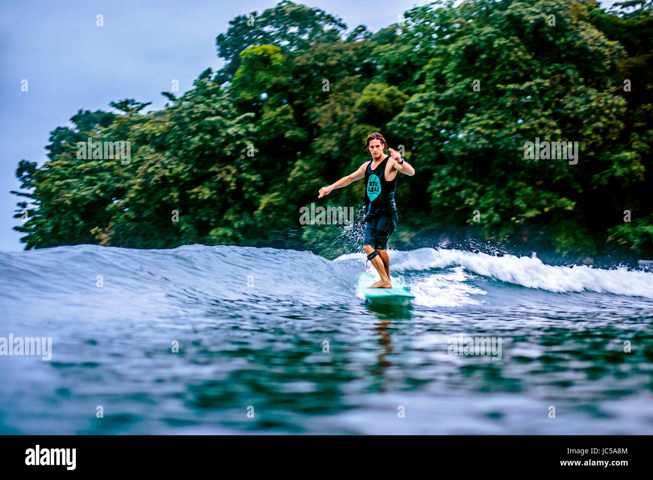 Surfista maschio su wave contro alberi verdi Foto Stock