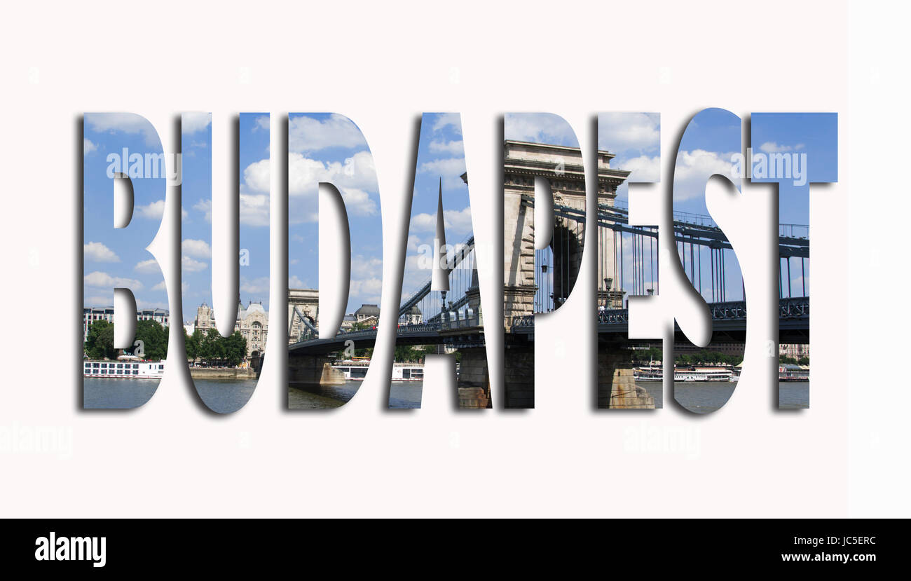 Parola di Budapest con famosi siti su sfondo bianco Foto Stock