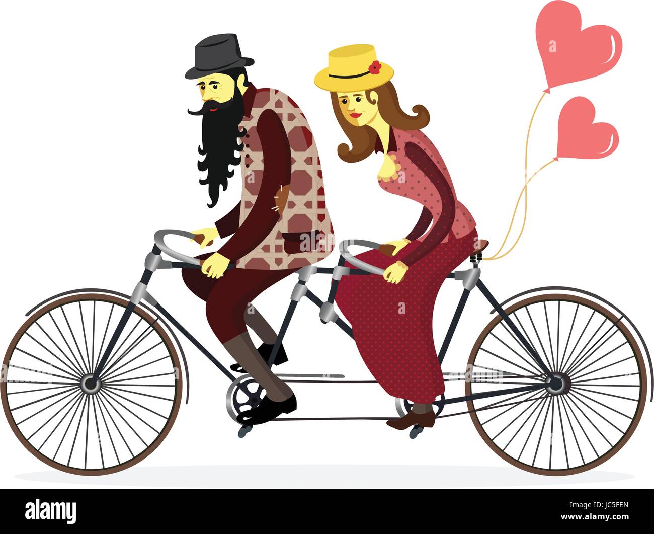 Carino appartamento vettore illustrazione di felice giovane uomo e donna con capelli lunghi biondi personaggi dei cartoni animati di equitazione biciclette tandem isolato. Biglietto di auguri per il V Illustrazione Vettoriale