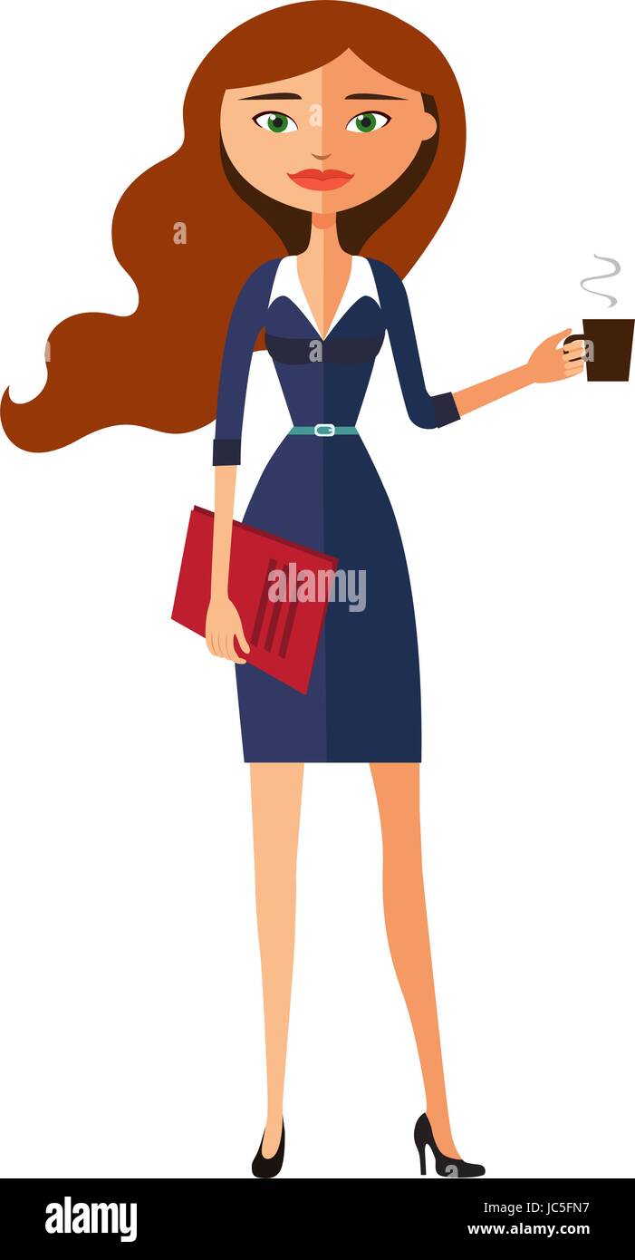 Business carroty giovane donna con una tazza di tè e teiera. Vettore cartoon piatta illustrazione Illustrazione Vettoriale