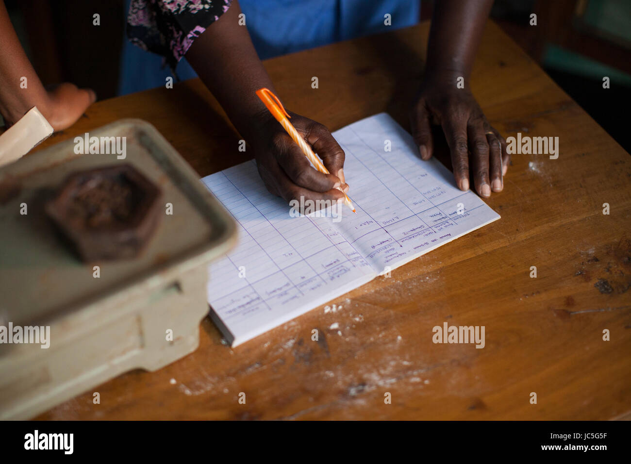 Una femmina di proprietario di piccola impresa facendo qualche libro mantenendo, Tanzania Africa. Foto Stock