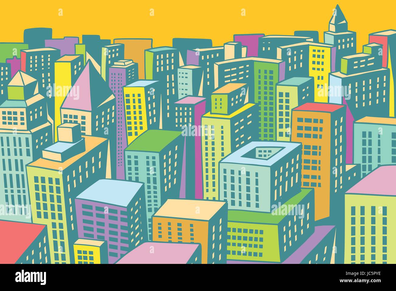 Gli edifici colorati della città moderna di sfondo. Fumetto cartoon arte pop retrò disegno colorato illustrazione vintage Illustrazione Vettoriale