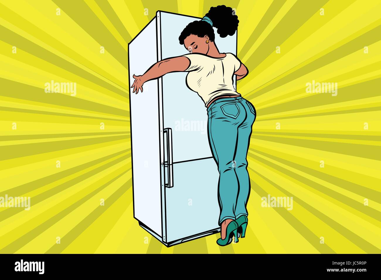 La dieta e il cibo. Bella donna abbracciando frigorifero domestico. In Africa la gente americana. Fumetto cartone animato in stile pop art vettore retrò colore disegno illustrativo Illustrazione Vettoriale
