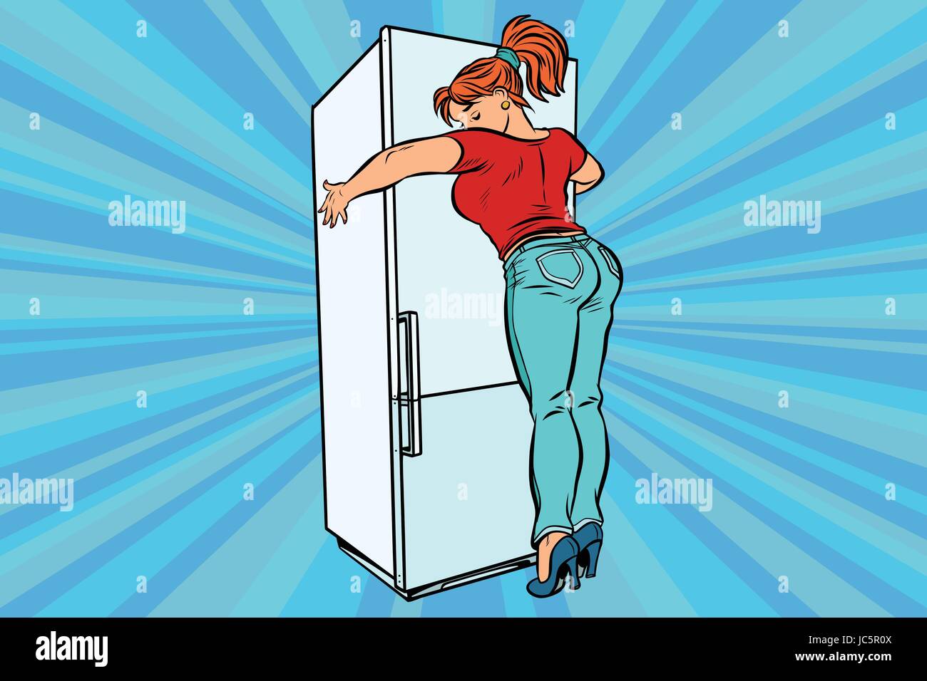 La dieta e il cibo. Bella donna abbracciando frigorifero domestico. Fumetto cartone animato in stile pop art vettore retrò colore disegno illustrativo Illustrazione Vettoriale