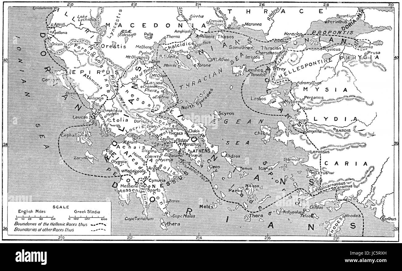 Mappa storica con gare di età ellenistica nella Grecia antica Foto Stock