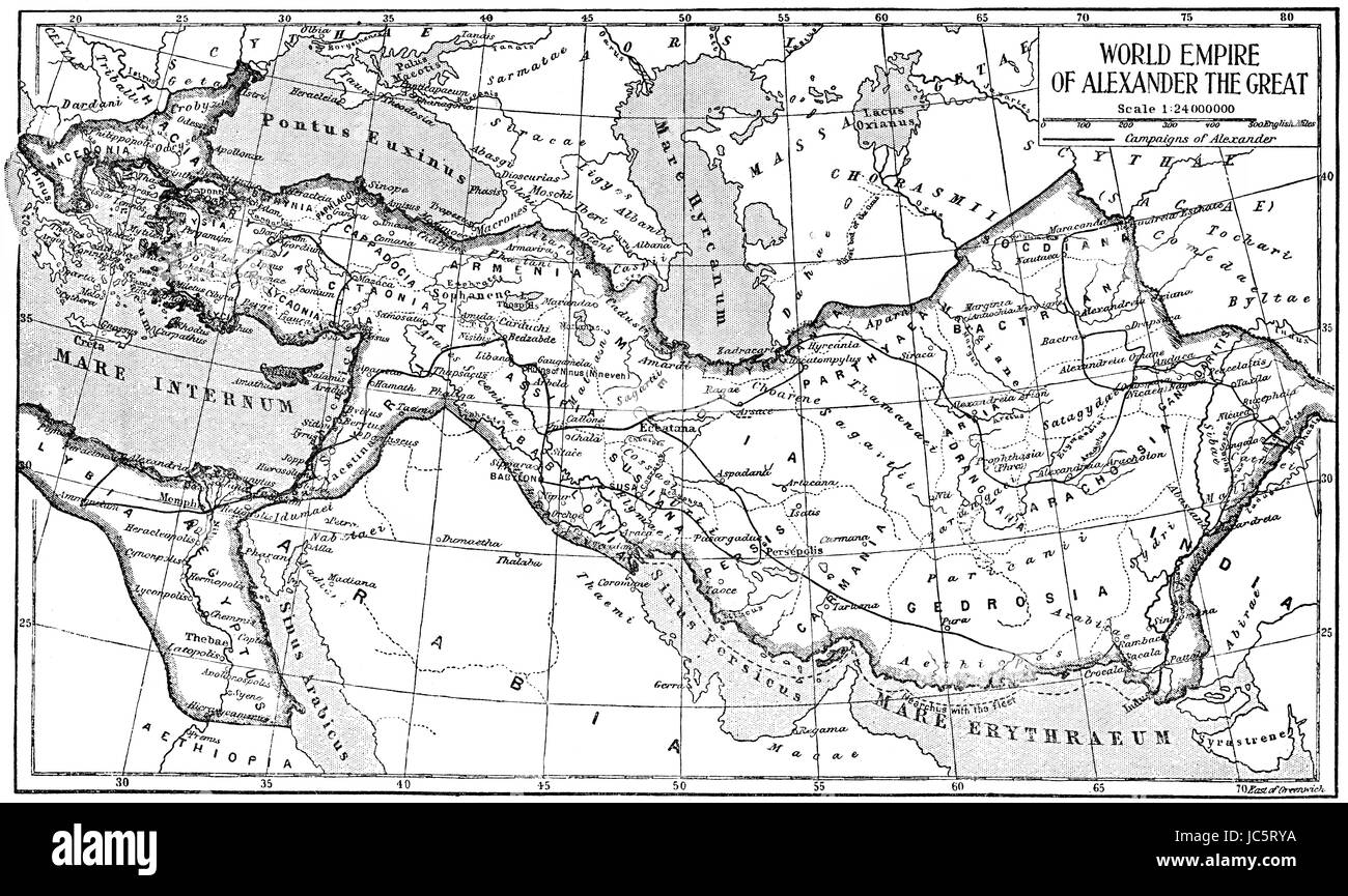 Mappa storica del mondo impero di Alessandro il Grande Foto Stock