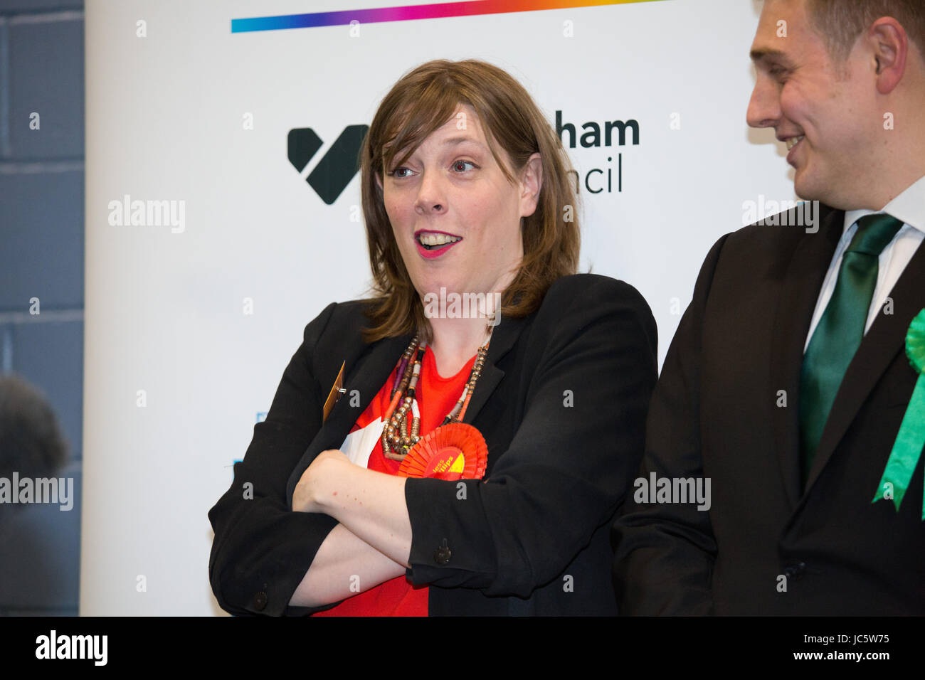 Jess manodopera Phillips MP per Yardley celebra il suo fissaggio sedile con un aumento di maggioranza in 2017 elezioni generali Foto Stock