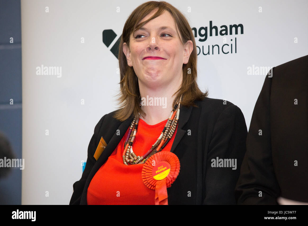 Jess manodopera Phillips MP per Yardley celebra il suo fissaggio sedile con un aumento di maggioranza in 2017 elezioni generali Foto Stock