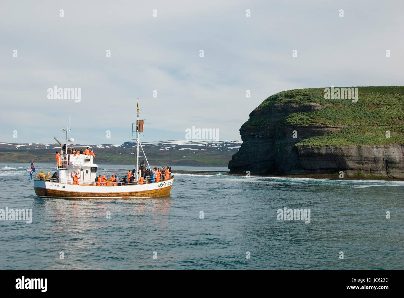 L'Europa, Islanda, Islanda, Husavik, barca, osservazione di balene in barca, isola Lunday, isola in cui parrot divers live, Europa, Isola, Boot, Walbeobachtu Foto Stock