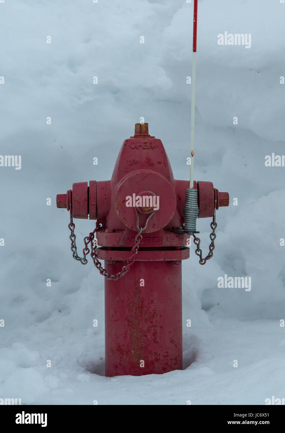Red idrante di fuoco nella neve profonda in inverno Foto Stock