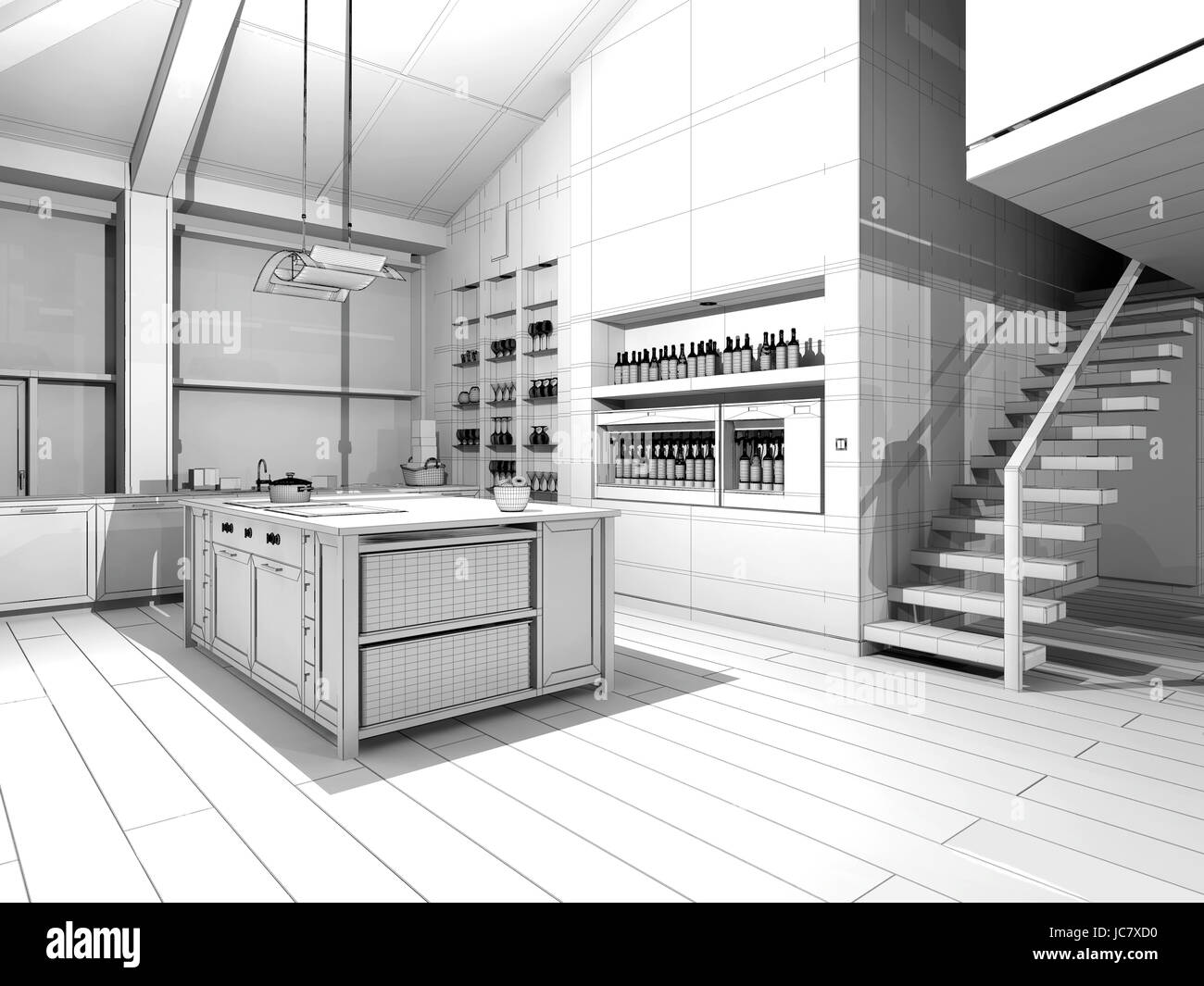 Cucina moderna come 3d wireframe Foto Stock