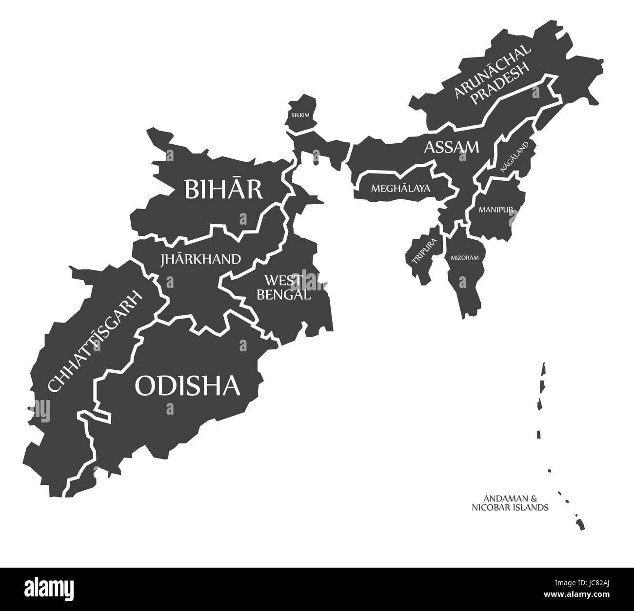 Gli Stati orientali e le isole di India mappa immagine Illustrazione Vettoriale