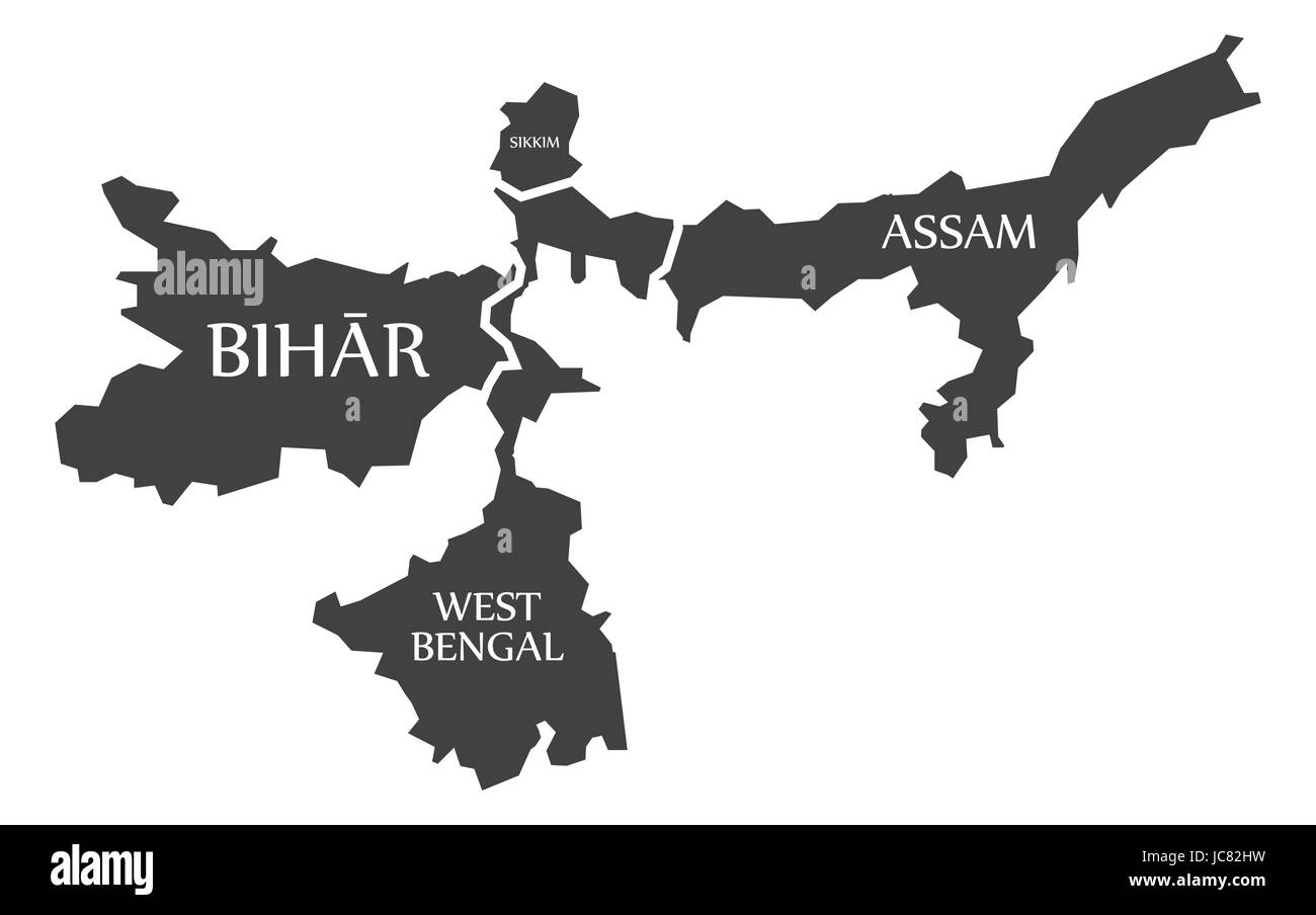 Bihar - West Bengal - Sikkim - Assam Mappa illustrazione di Stati indiani Illustrazione Vettoriale