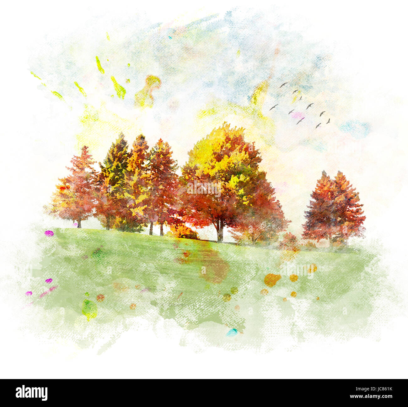 Acquerello la pittura digitale di colori d'Autunno alberi Foto stock - Alamy