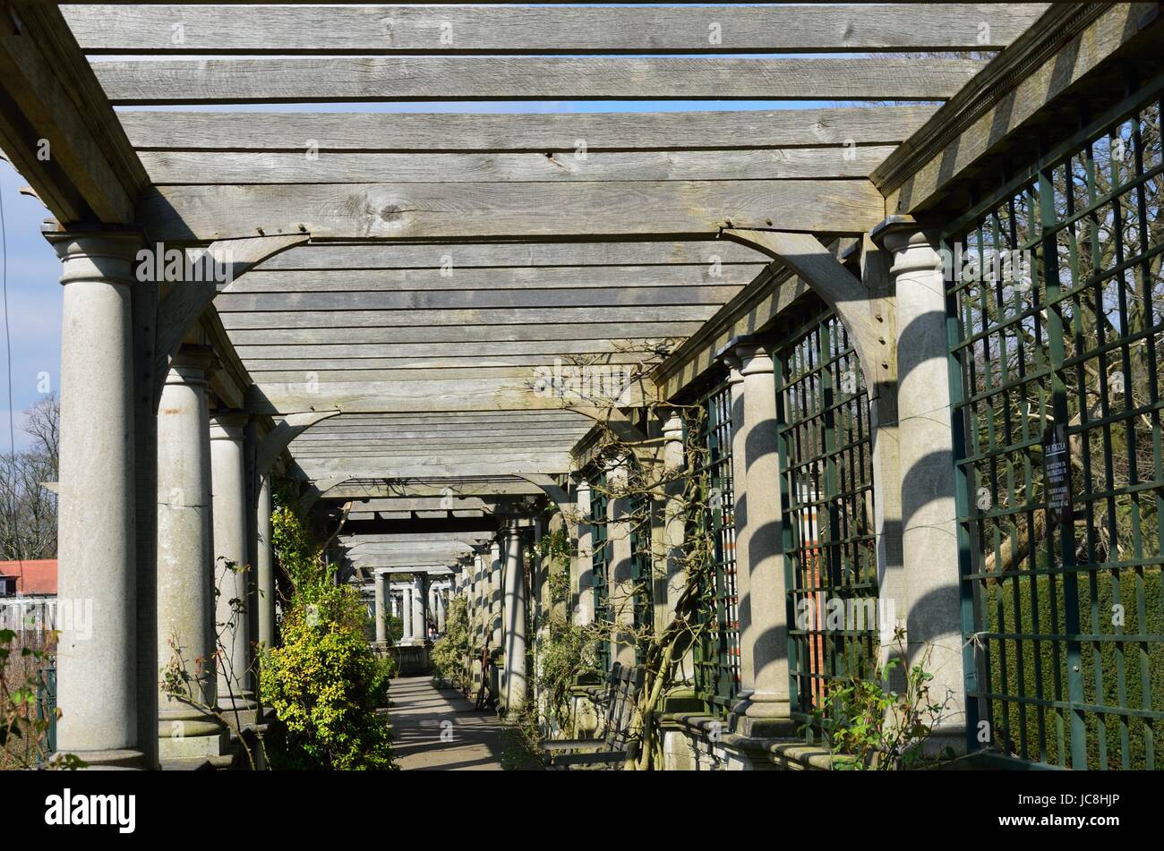 Il percorso sotto la pergola in legno Foto Stock